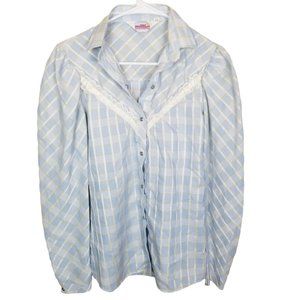 Vintage Millie Womens 7/8 Blue Plaid Puff Sleeves